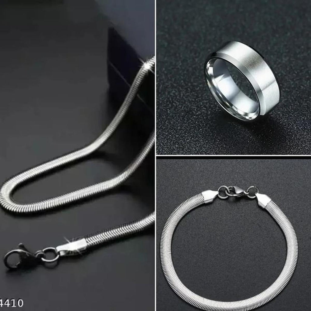 Premium Pack of 3 Silver Stainless Steel Snake Chain Bracelet & Stylish Silver Ring for Men