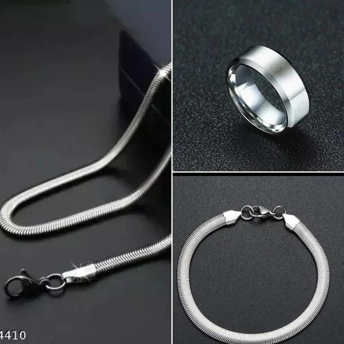 Premium Pack of 3 Silver Stainless Steel Snake Chain Bracelet & Stylish Silver Ring for Men