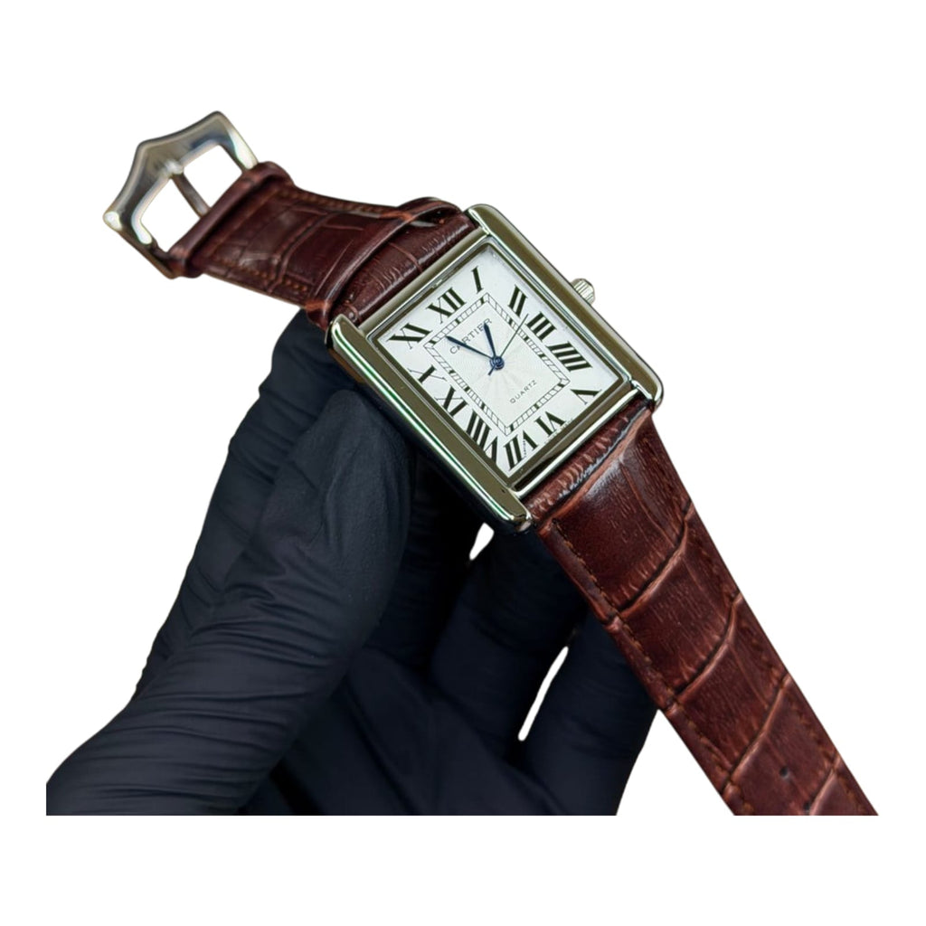 Old Money Tank Style Watch for Men | Premium Silver Case | White Dial | Black Brown Strap
